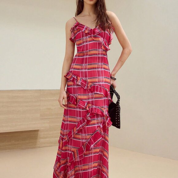 Red Boho Women's Plaid Ruffle Trim Cami Dress - Picture 3 of 7